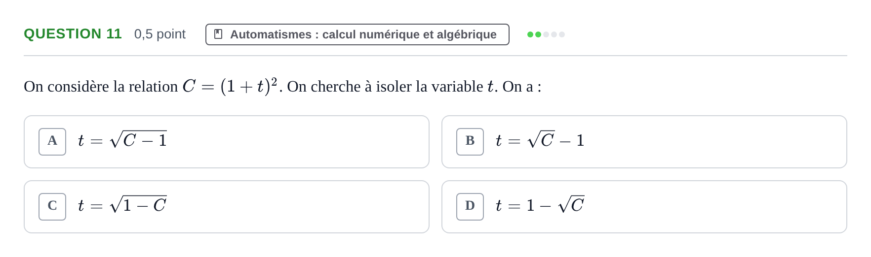 Énoncé: Question 11 · Bac STMG Épreuve anticipée de mathématiques Sujets zéro et spécimens sujet 2026 (sujet 1)
