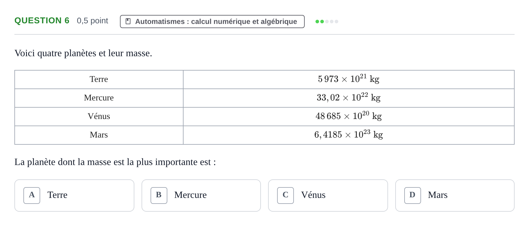 Énoncé: Question 6 · Bac STMG Épreuve anticipée de mathématiques Sujets zéro et spécimens sujet 2026 (sujet 1)