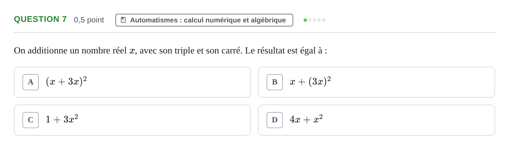 Énoncé: Question 7 · Bac STMG Épreuve anticipée de mathématiques Sujets zéro et spécimens sujet 2026 (sujet 1)