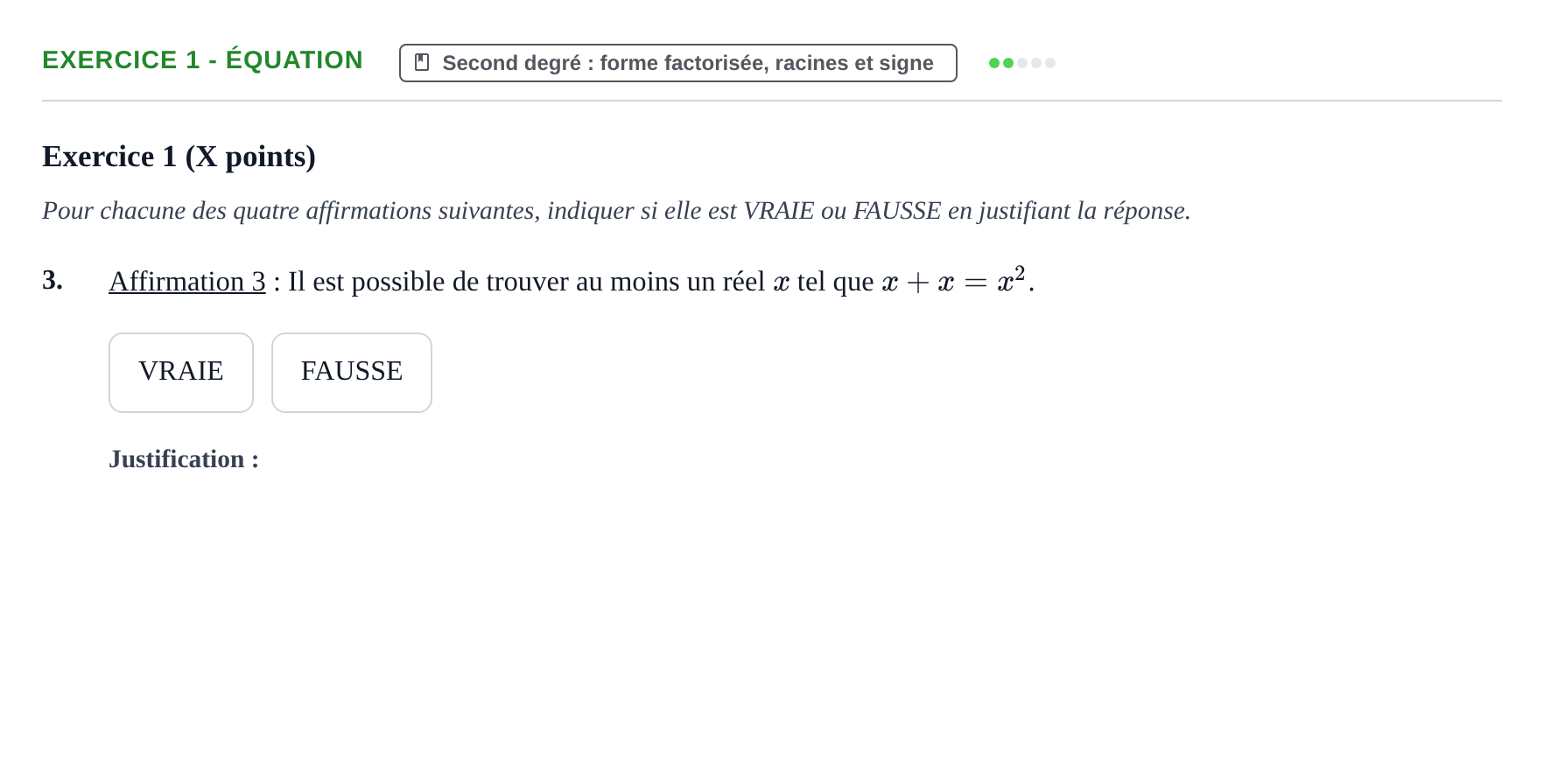 Énoncé: Exercice 1 - Équation · Bac STMG Épreuve anticipée de mathématiques Sujets zéro et spécimens sujet 2026 (sujet 2)