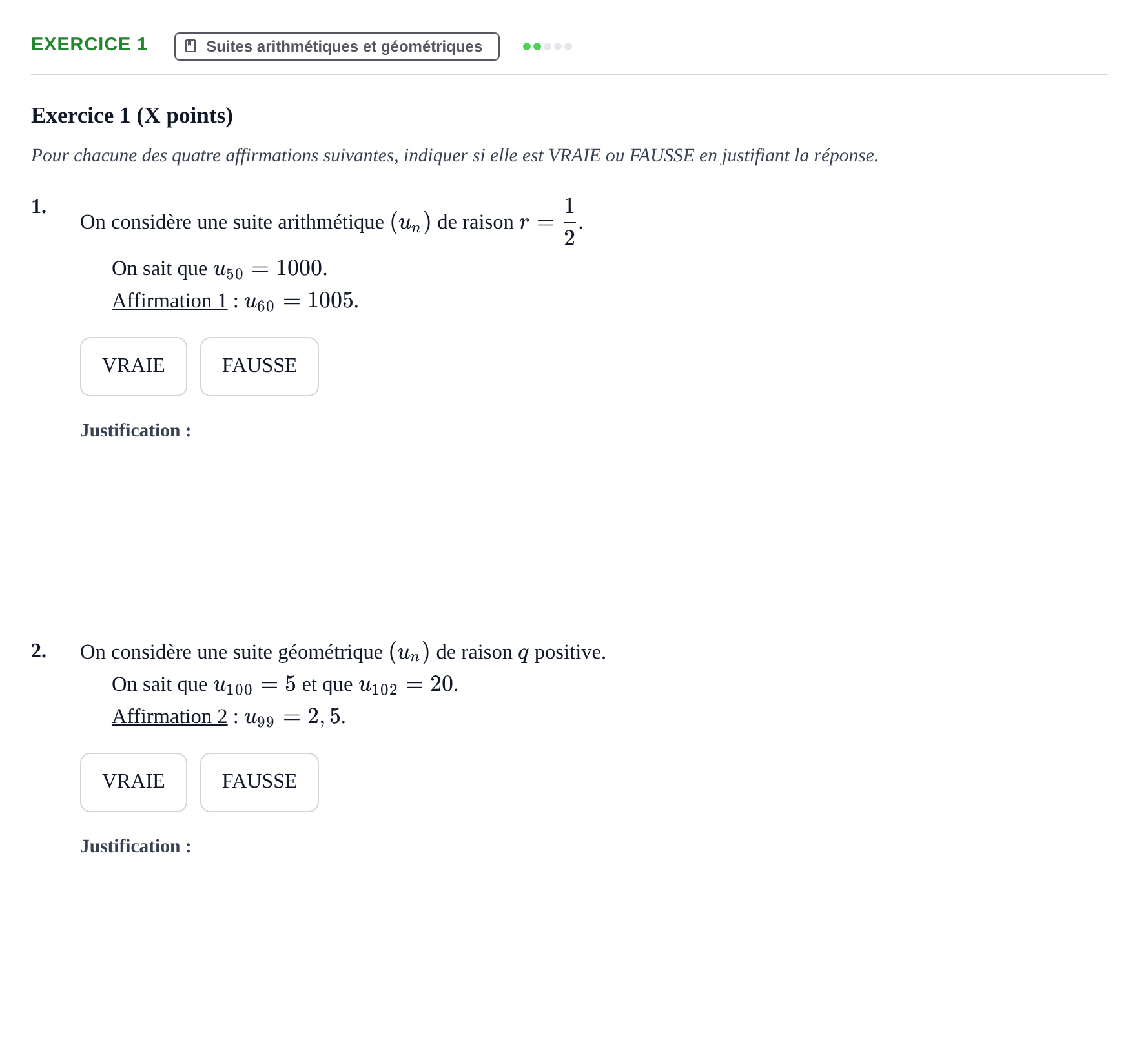 Énoncé: Exercice 1 - Suites · Bac STMG Épreuve anticipée de mathématiques Sujets zéro et spécimens sujet 2026 (sujet 2)