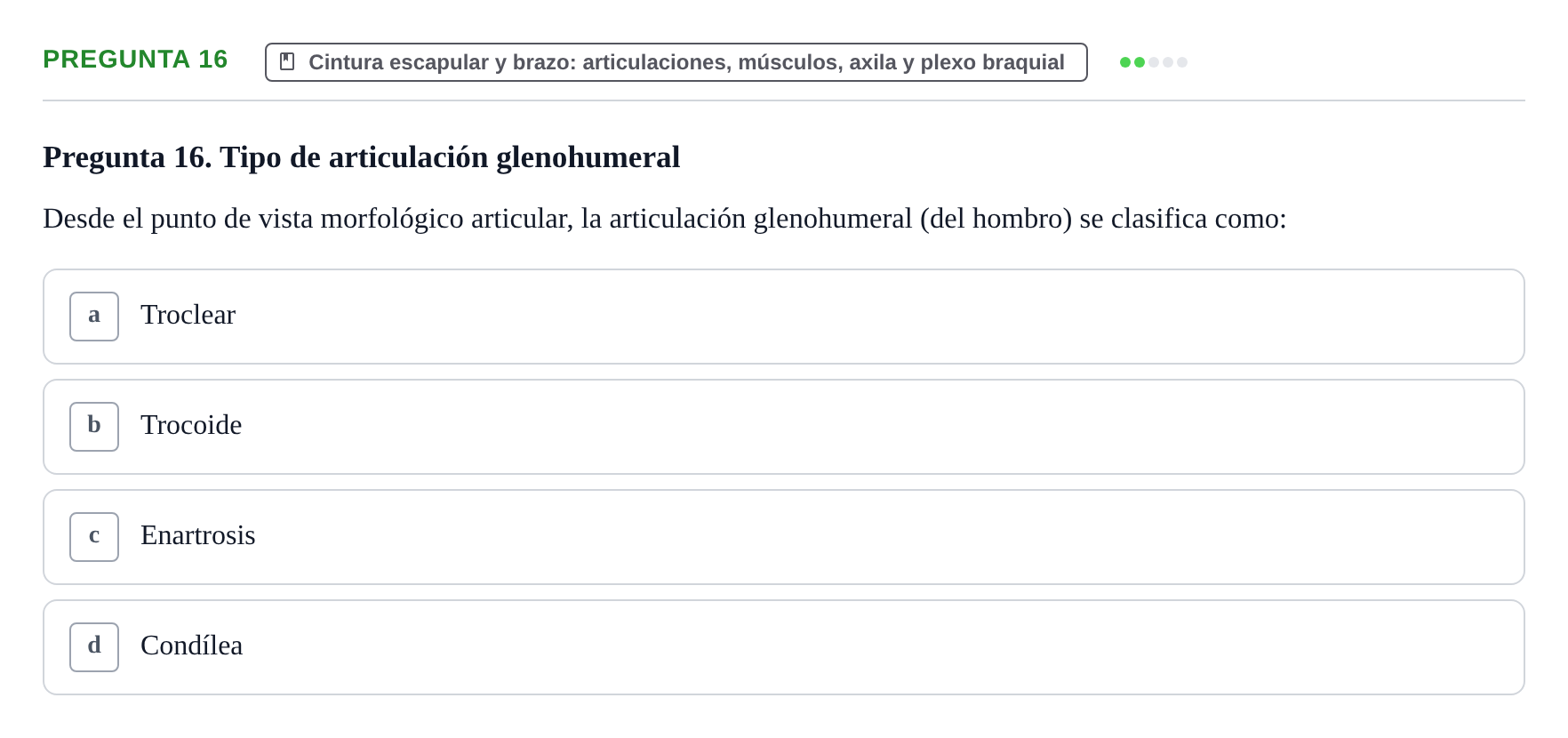 Enunciado: Pregunta 16 · Anatomía Humana UAB Examen Teórico: Sistema Esquelético y Articulaciones