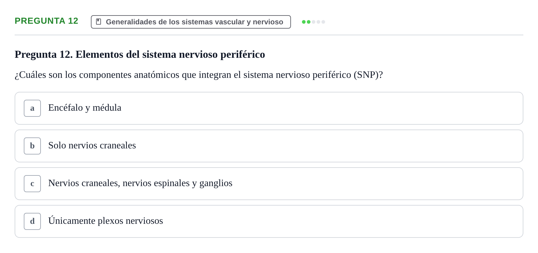 Enunciado: Pregunta 12 · Anatomía Humana UAB Examen de repaso teórico: Sistema nervioso central y periférico