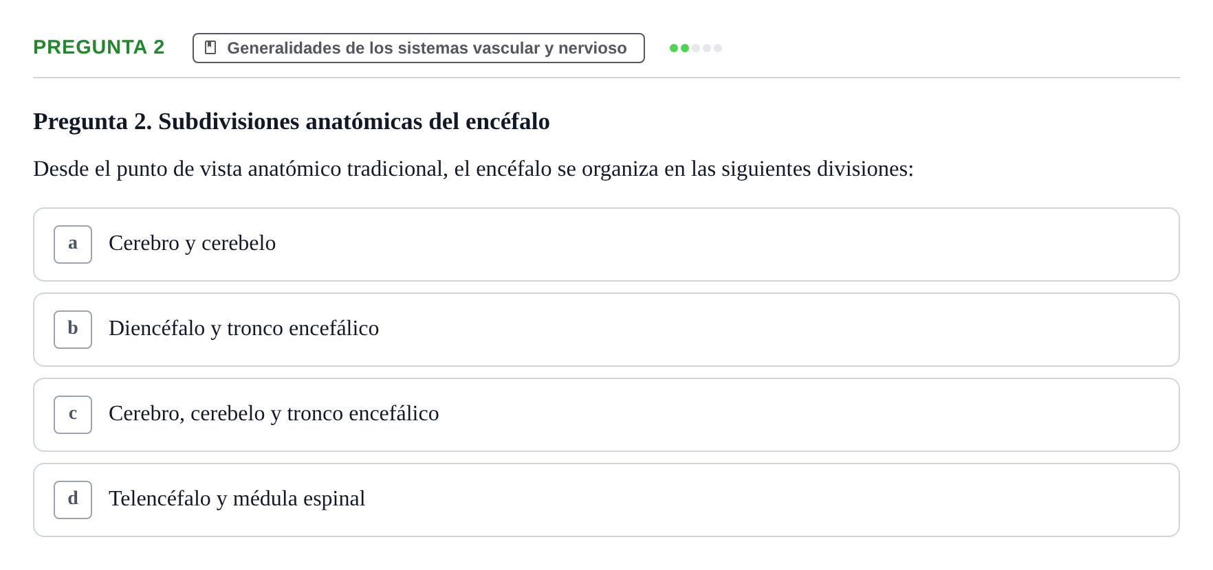 Enunciado: Pregunta 2 · Anatomía Humana UAB Examen de repaso teórico: Sistema nervioso central y periférico
