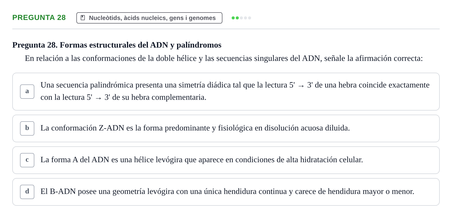 Enunciado: Pregunta 28 · Bioquímica Estructural i Biologia Molecular UAB 2025