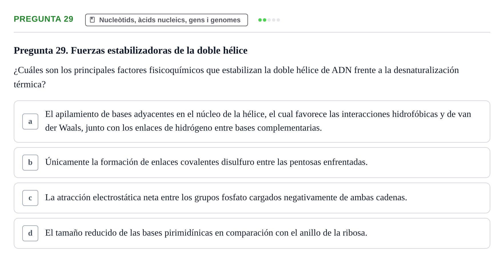 Enunciado: Pregunta 29 · Bioquímica Estructural i Biologia Molecular UAB 2025