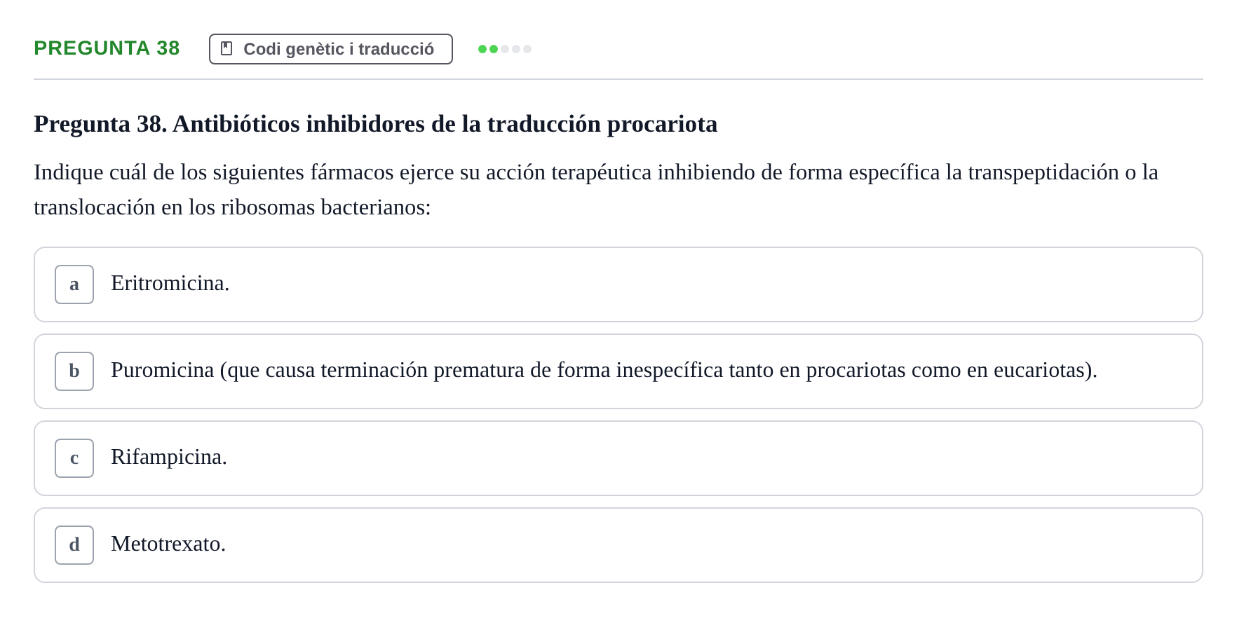Enunciado: Pregunta 38 · Bioquímica Estructural i Biologia Molecular UAB 2025