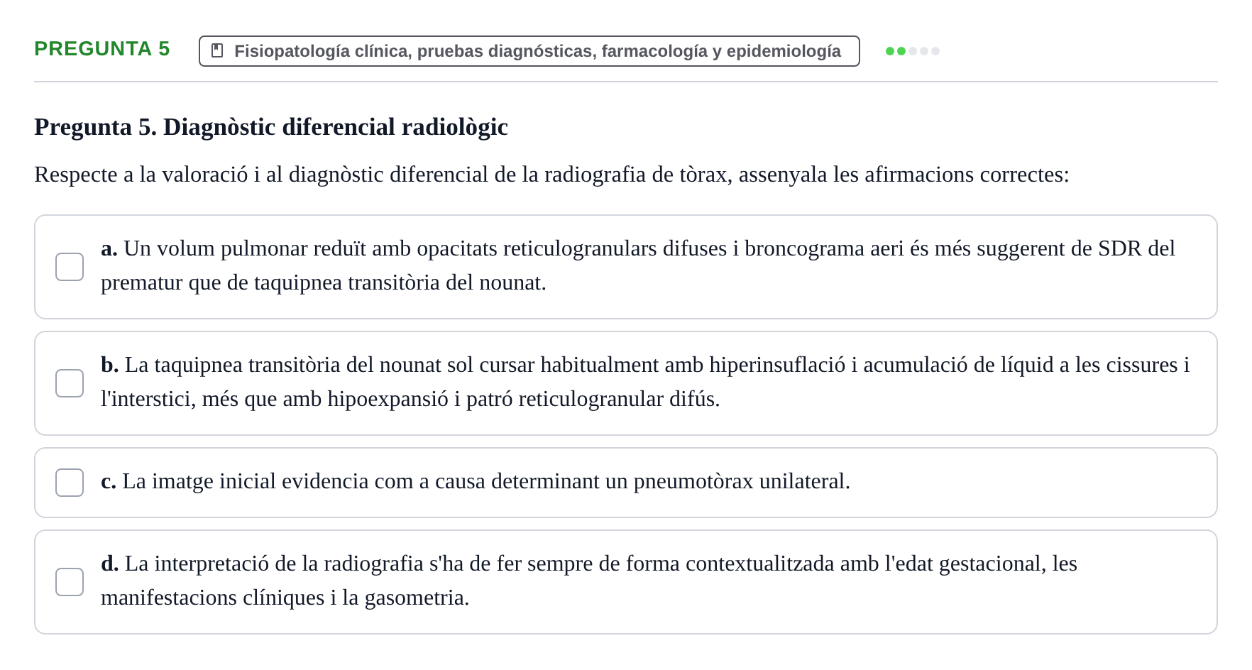 Enunciado: Pregunta 5 · Aprenentatge Integrat en Medicina I UAB Avaluació continuada EV6 - Cas clínic 2: Síndrome de distrés respiratori neonatal