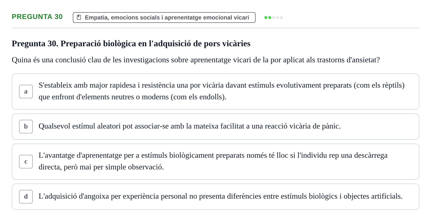 Enunciado: Pregunta 30 · Procesos Psicológicos: Motivación y Emoción UAB Juny 2025