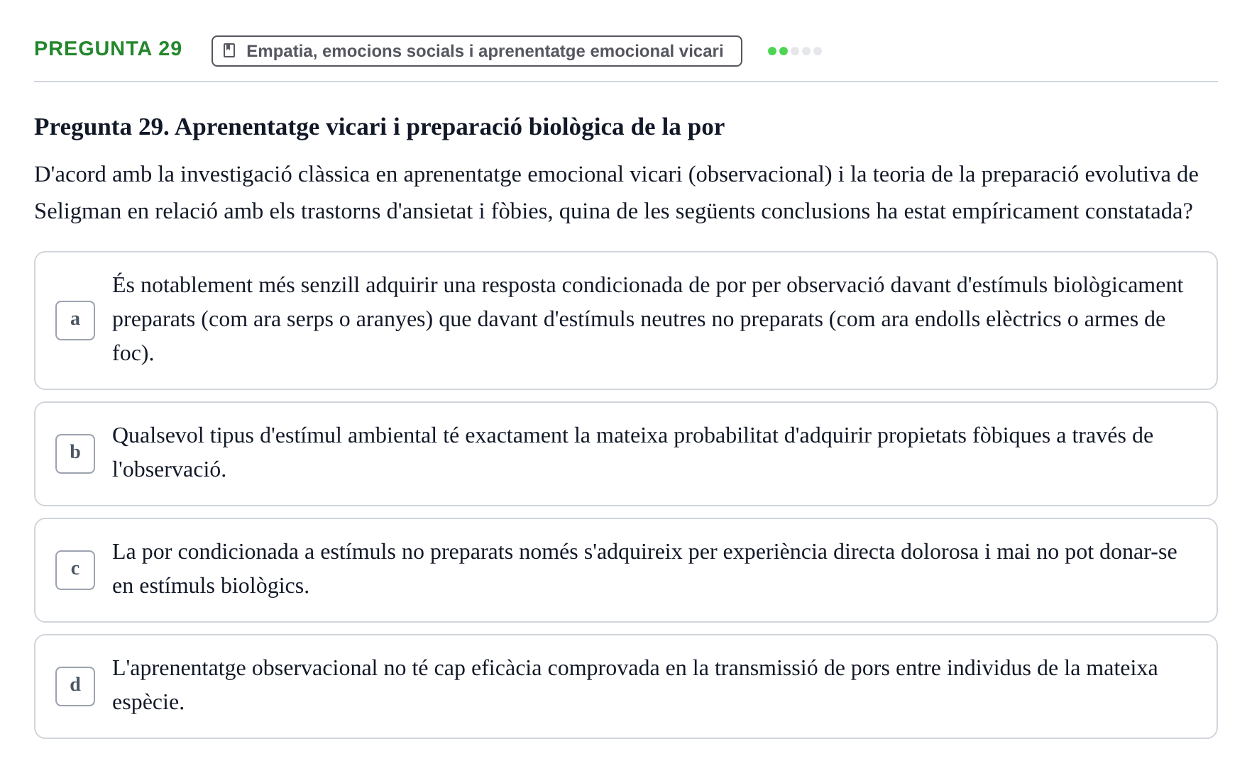 Enunciado: Pregunta 29 · Procesos Psicológicos: Motivación y Emoción UAB 2025