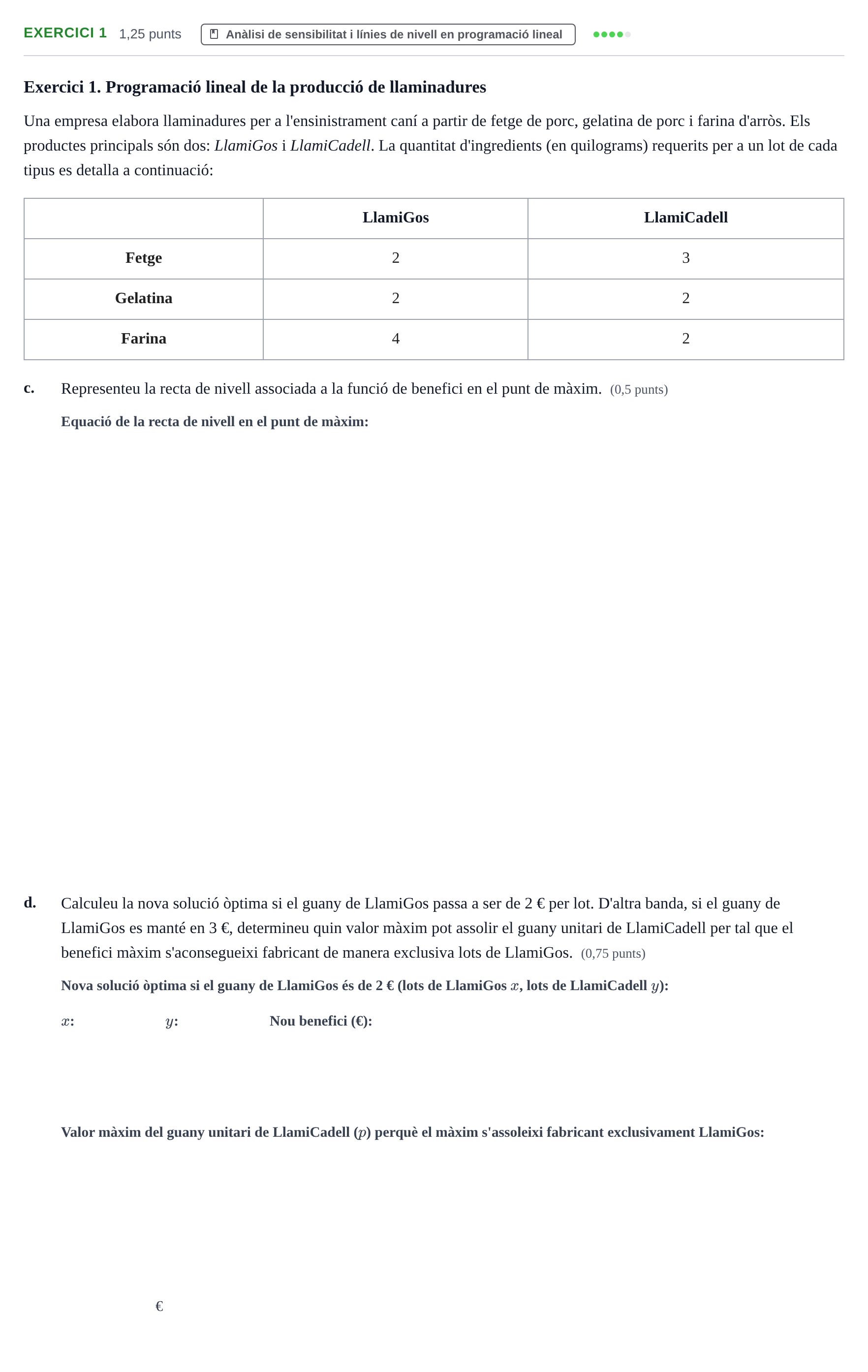 Enunciado: Ejercicio 1 - Anàlisi de sensibilitat i línies de nivell · Matemáticas Empresariales UDL 2017