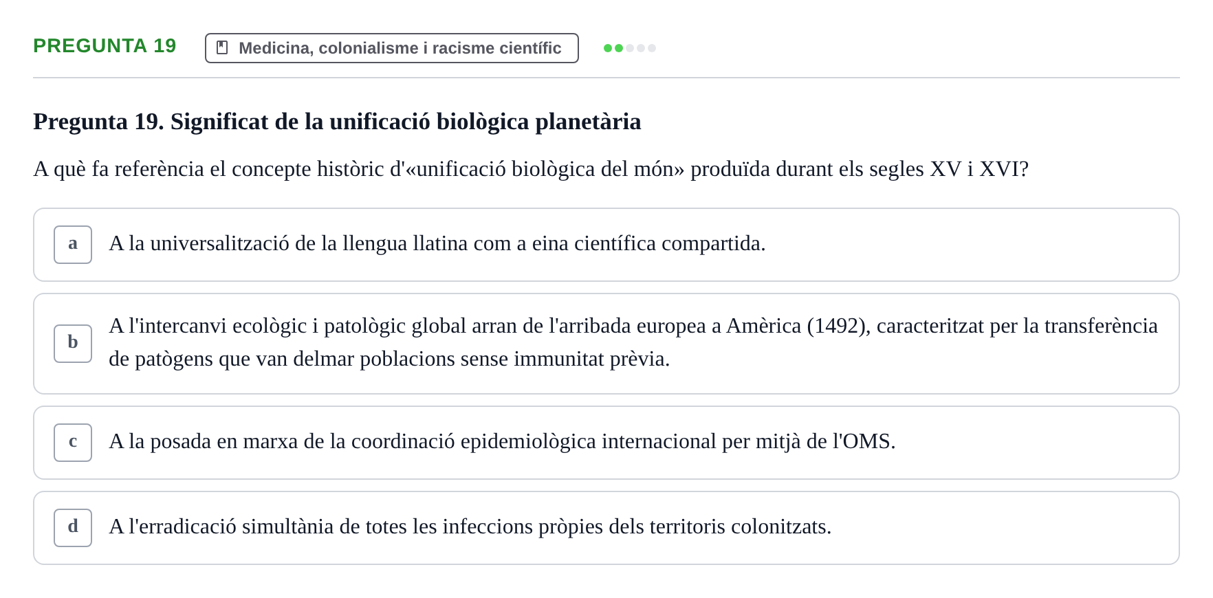 Enunciado: Pregunta 19 · Introducció a les Ciències de la Salut UAB Exemples 2025
