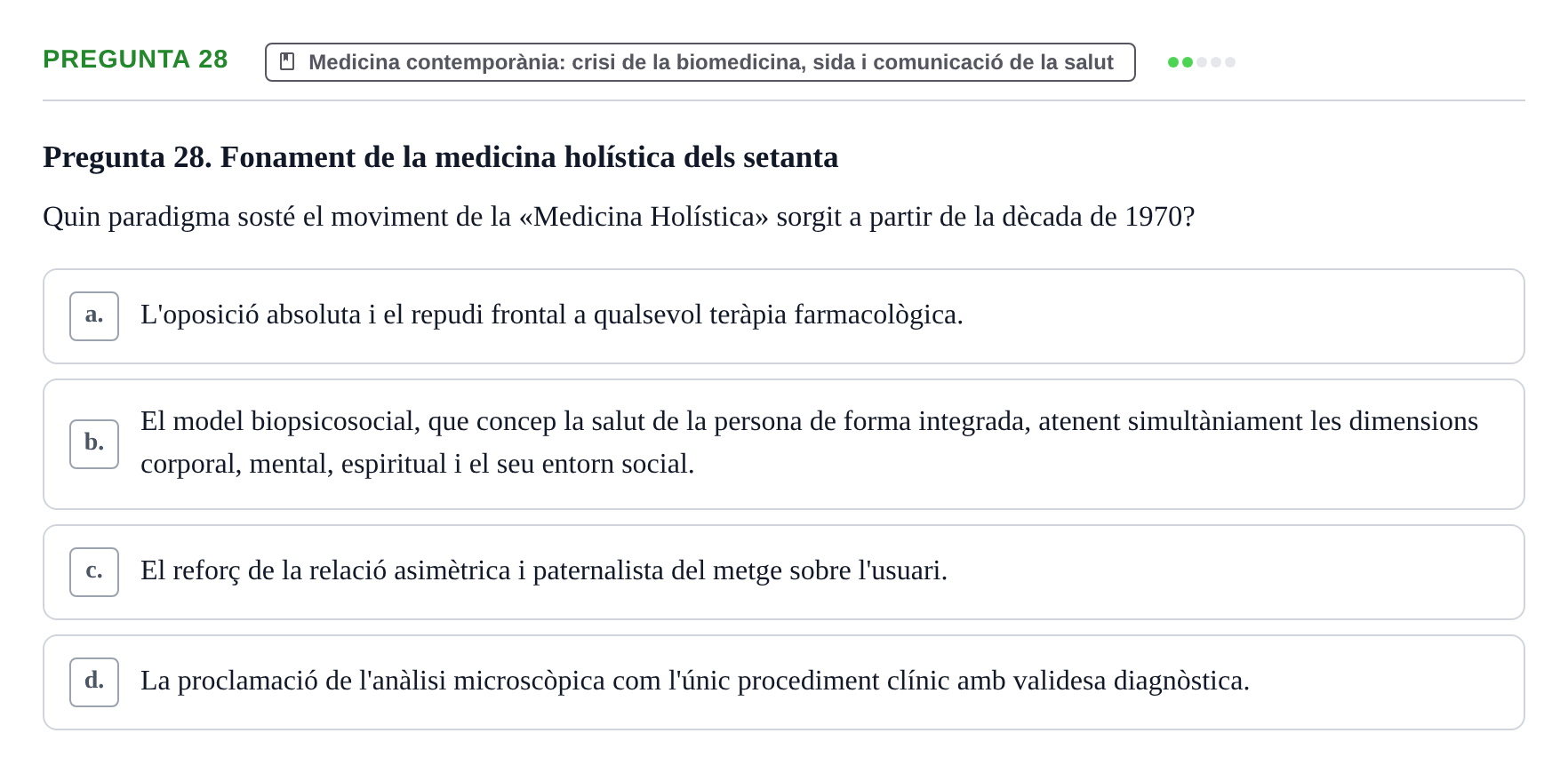 Enunciado: Pregunta 28 · Introducció a les Ciències de la Salut UAB Exemples 2025