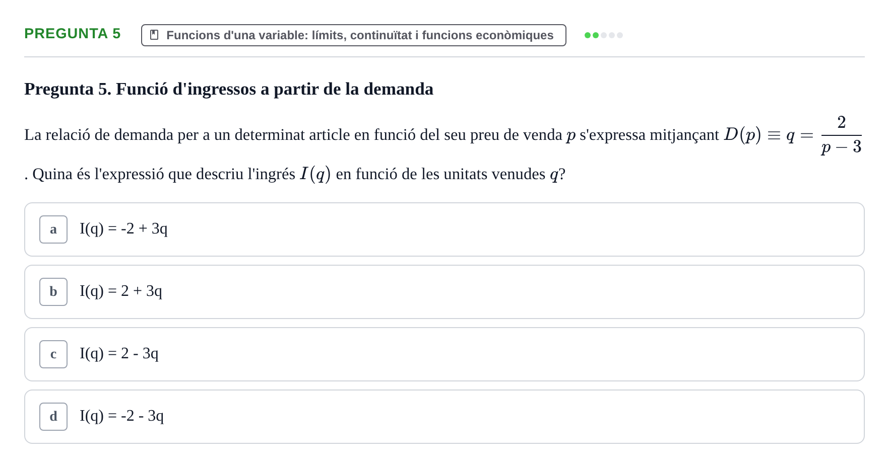 Enunciado: Pregunta 5 · Matemáticas Empresariales UDL 2010