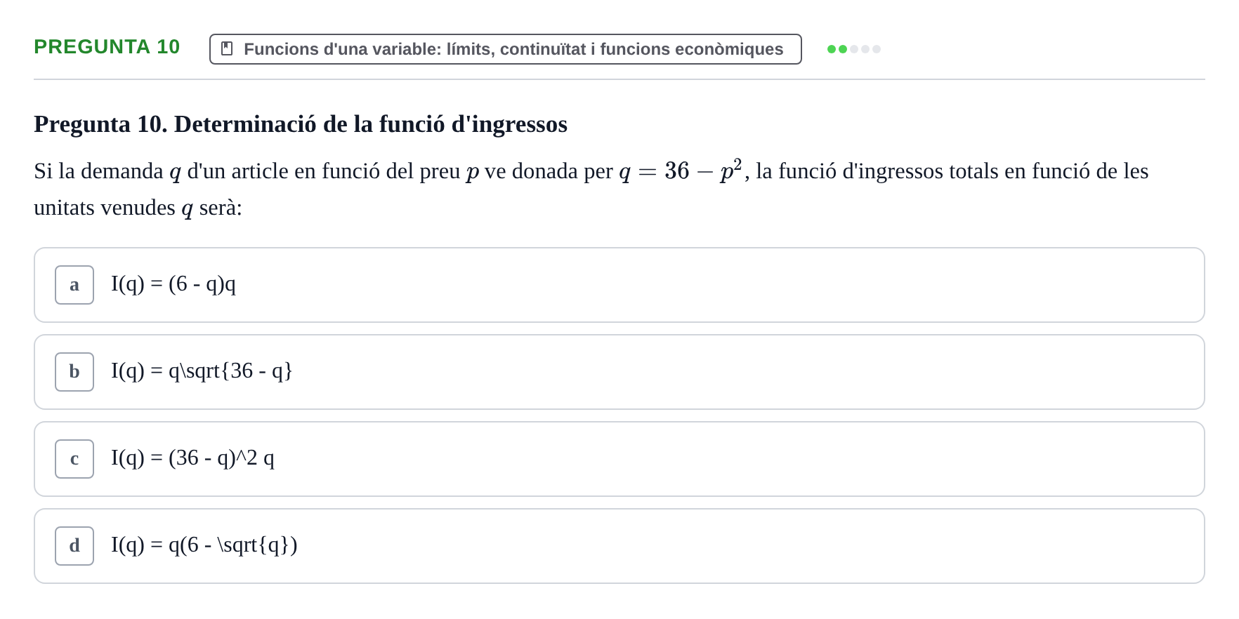 Enunciado: Pregunta 10 · Matemáticas Empresariales UDL 2013