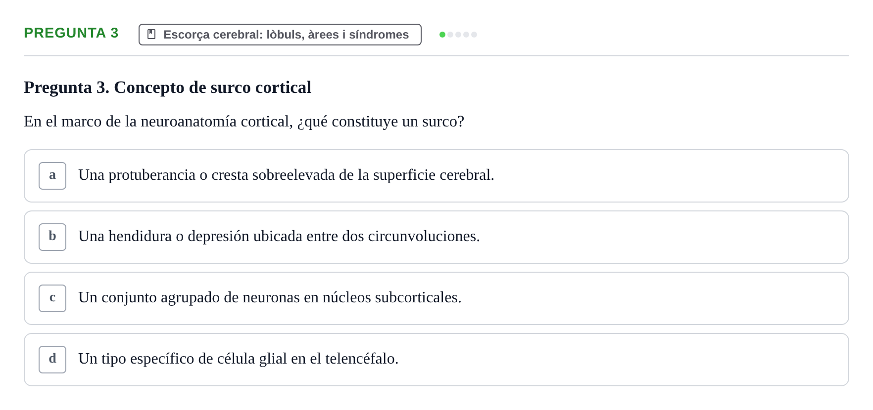 Enunciado: Pregunta 3 · Fundamentos de Psicobiología Ii UAB Cuestionario de Evaluación: Anatomía Funcional de la Corteza Cerebral, Neurodesarrollo y Plasticidad Neuronal