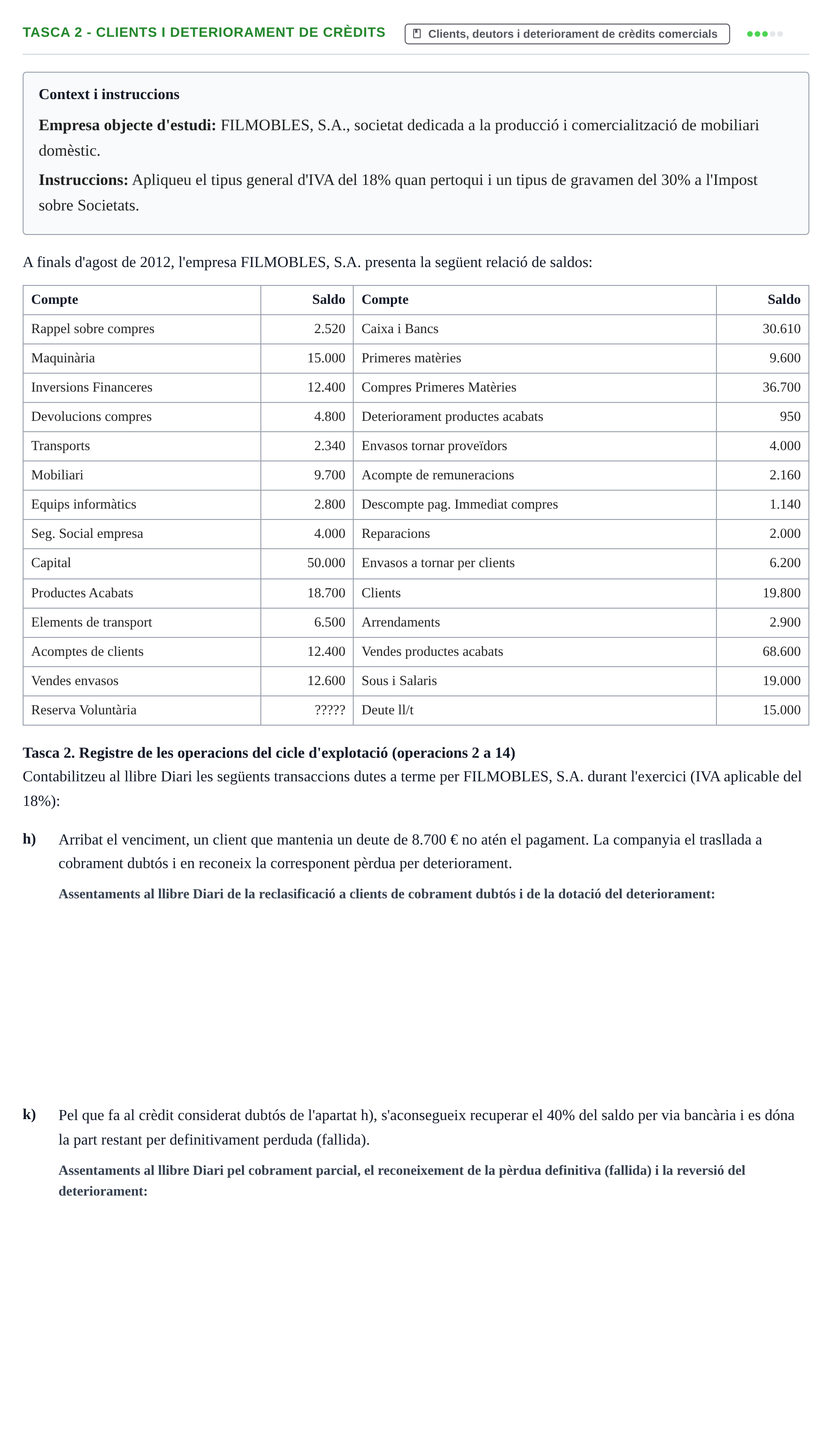 Enunciado: Ejercicio Tasca 2 - Clients i deteriorament de crèdits · Fundamentos de Contabilidad UDL Exemples 2013