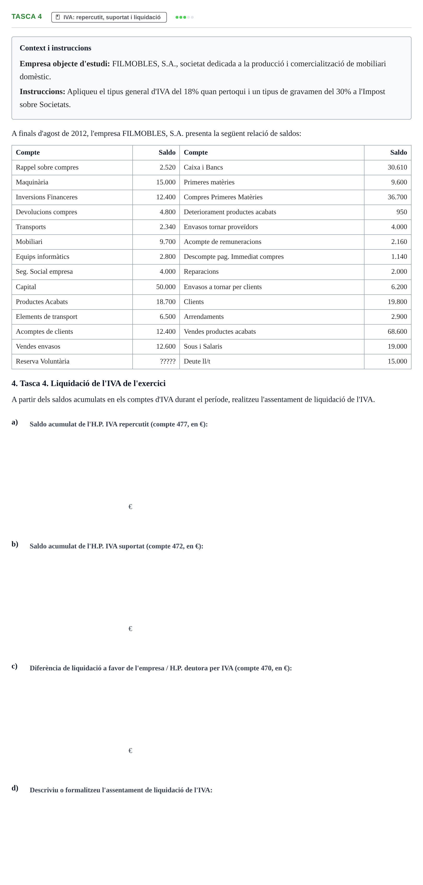 Enunciado: Ejercicio Tasca 4 · Fundamentos de Contabilidad UDL Exemples 2013