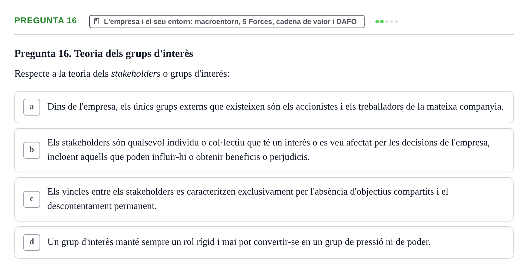 Enunciado: Pregunta 16 · Fundamentos de Gestión de Empresas UDL 2017