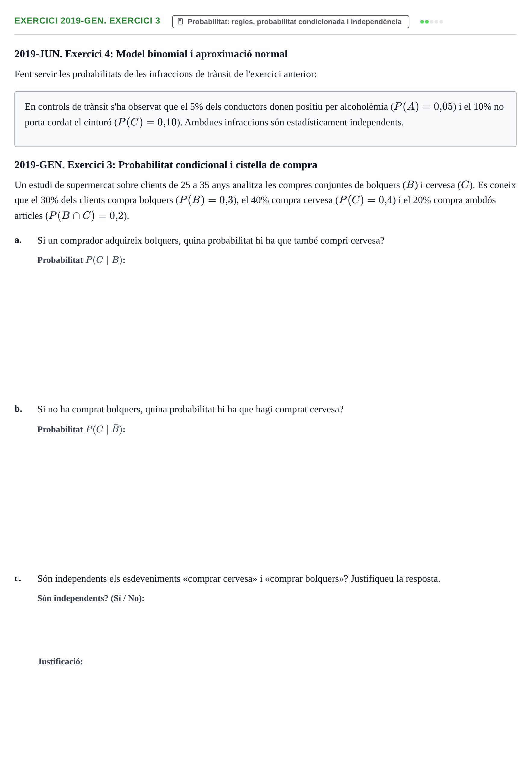 Enunciado: Ejercicio 2019-GEN. Exercici 3 · Estadística Básica UDL Juny 2019