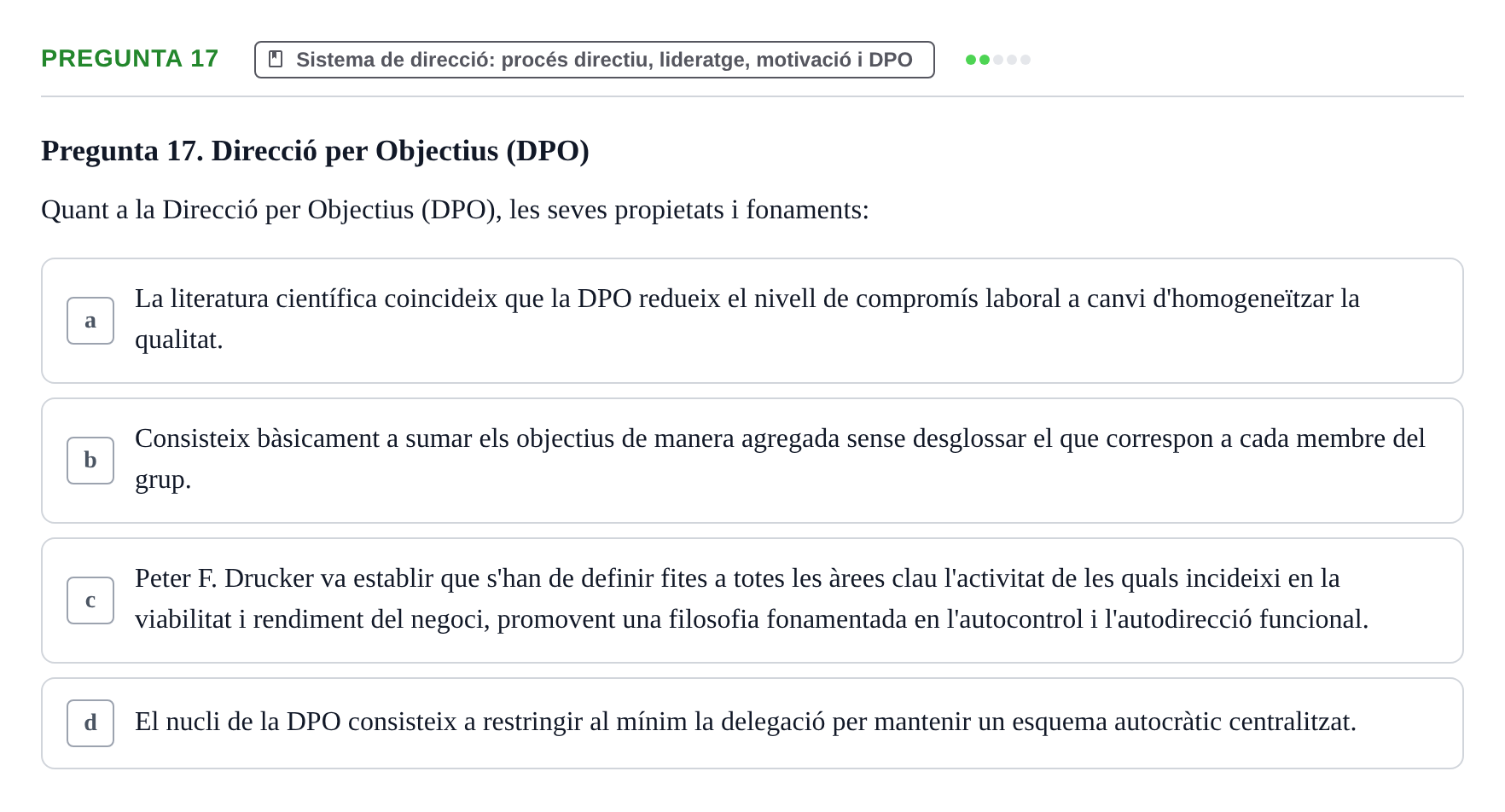 Enunciado: Pregunta 17 · Fundamentos de Gestión de Empresas UDL Avaluació Segon Parcial (Temes 6 a 10)