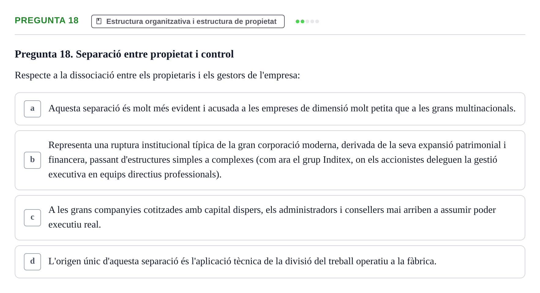 Enunciado: Pregunta 18 · Fundamentos de Gestión de Empresas UDL Avaluació Segon Parcial (Temes 6 a 10)
