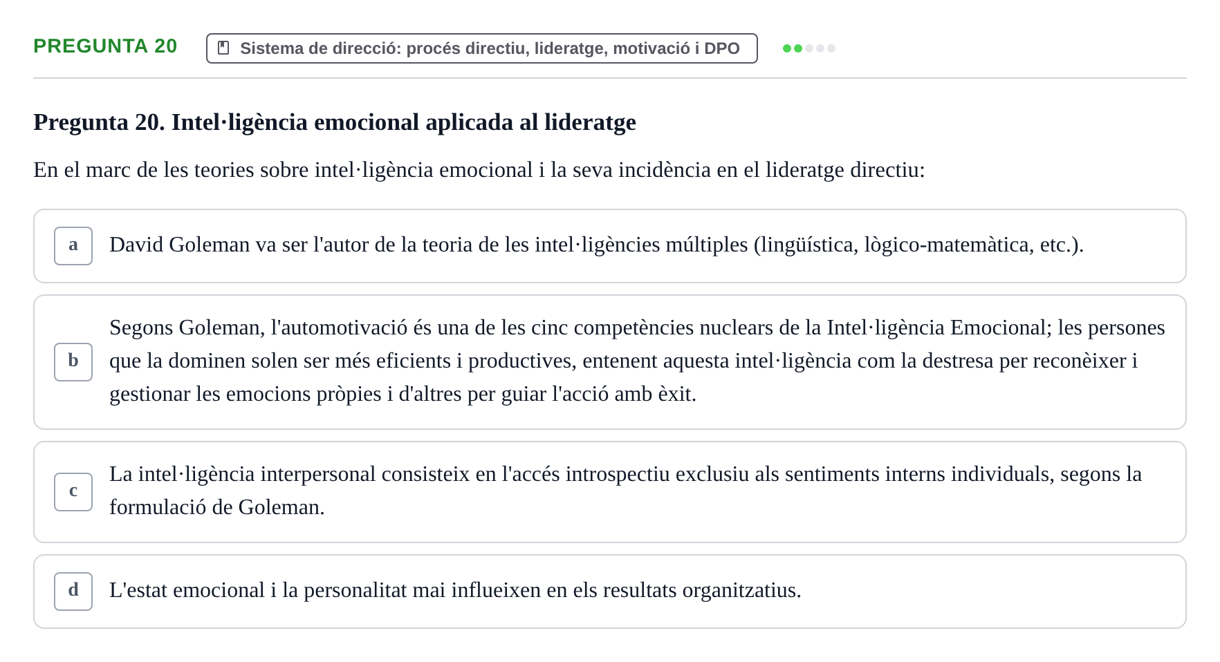 Enunciado: Pregunta 20 · Fundamentos de Gestión de Empresas UDL Avaluació Segon Parcial (Temes 6 a 10)