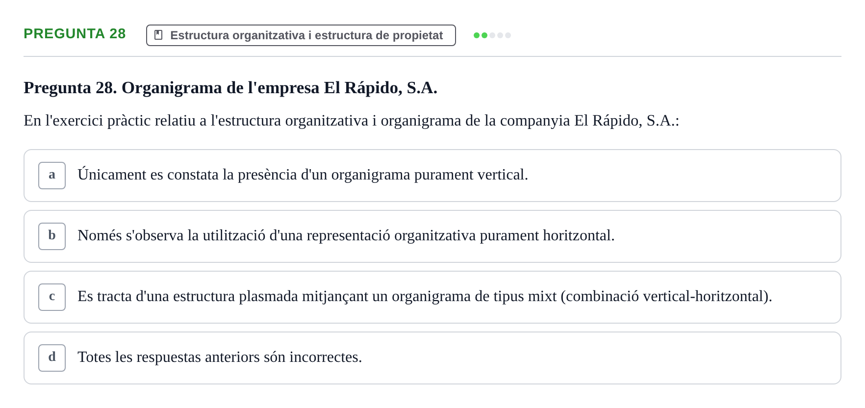 Enunciado: Pregunta 28 · Fundamentos de Gestión de Empresas UDL Avaluació Segon Parcial (Temes 6 a 10)