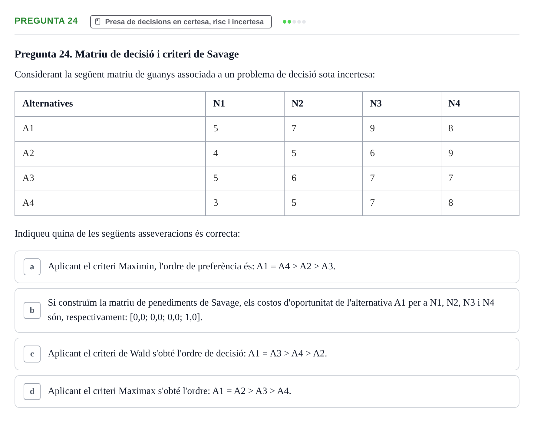 Enunciado: Pregunta 24 · Fundamentos de Gestión de Empresas UDL Examen Segon Parcial. Fonaments de Gestió d'Empreses (Temes 6 al 10)
