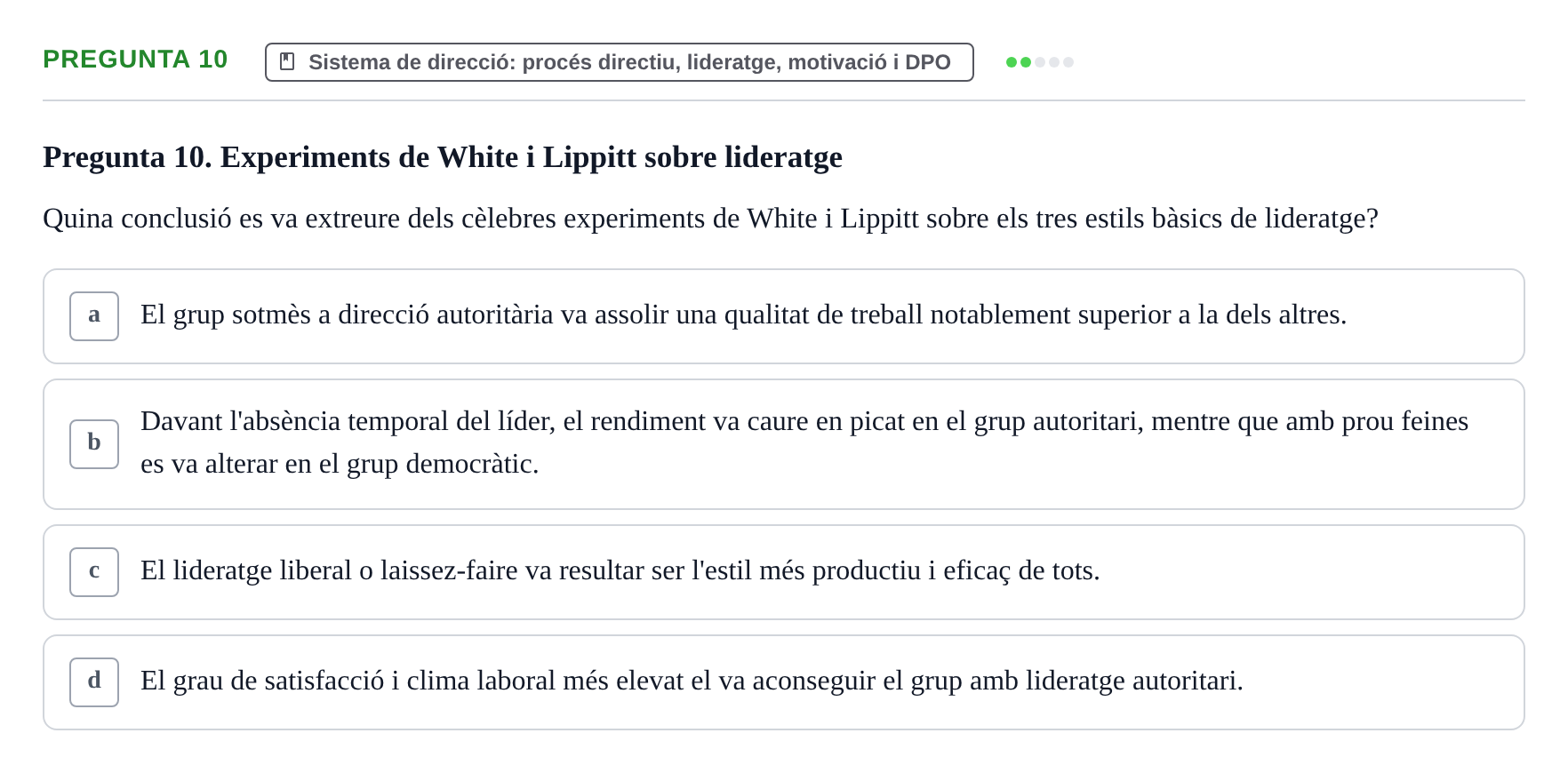 Enunciado: Pregunta 10 · Fundamentos de Gestión de Empresas UDL Avaluació Parcial (Temes 7-10)