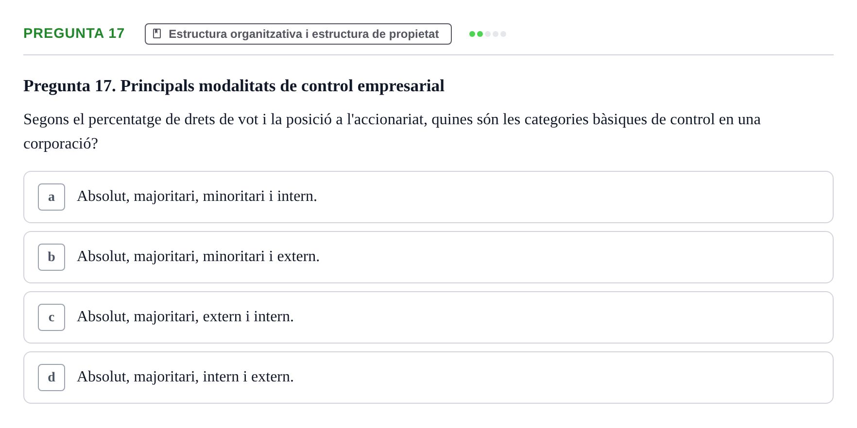 Enunciado: Pregunta 17 · Fundamentos de Gestión de Empresas UDL Avaluació Parcial (Temes 7-10)