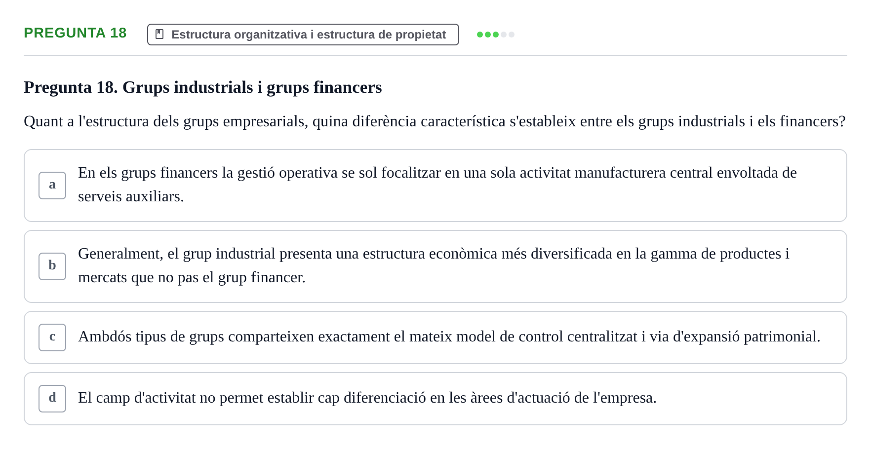 Enunciado: Pregunta 18 · Fundamentos de Gestión de Empresas UDL Avaluació Parcial (Temes 7-10)