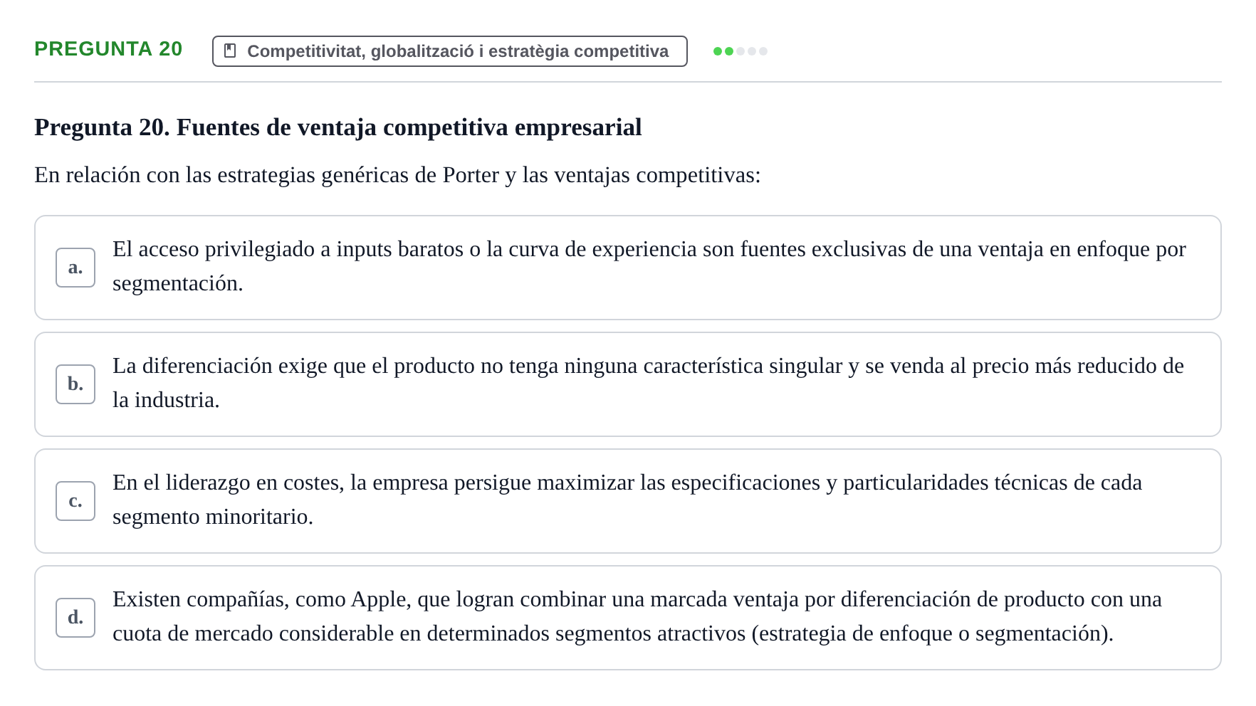 Enunciado: Pregunta 20 · Fundamentos de Gestión de Empresas UDL Examen Primer Parcial (Temas 1 al 6)