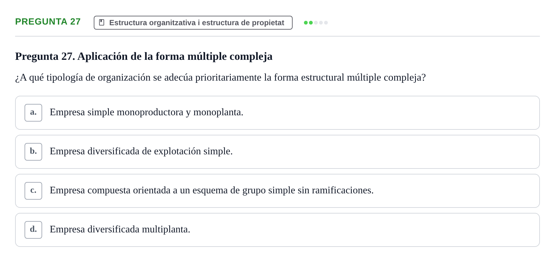 Enunciado: Pregunta 27 · Fundamentos de Gestión de Empresas UDL Examen Primer Parcial (Temas 1 al 6)