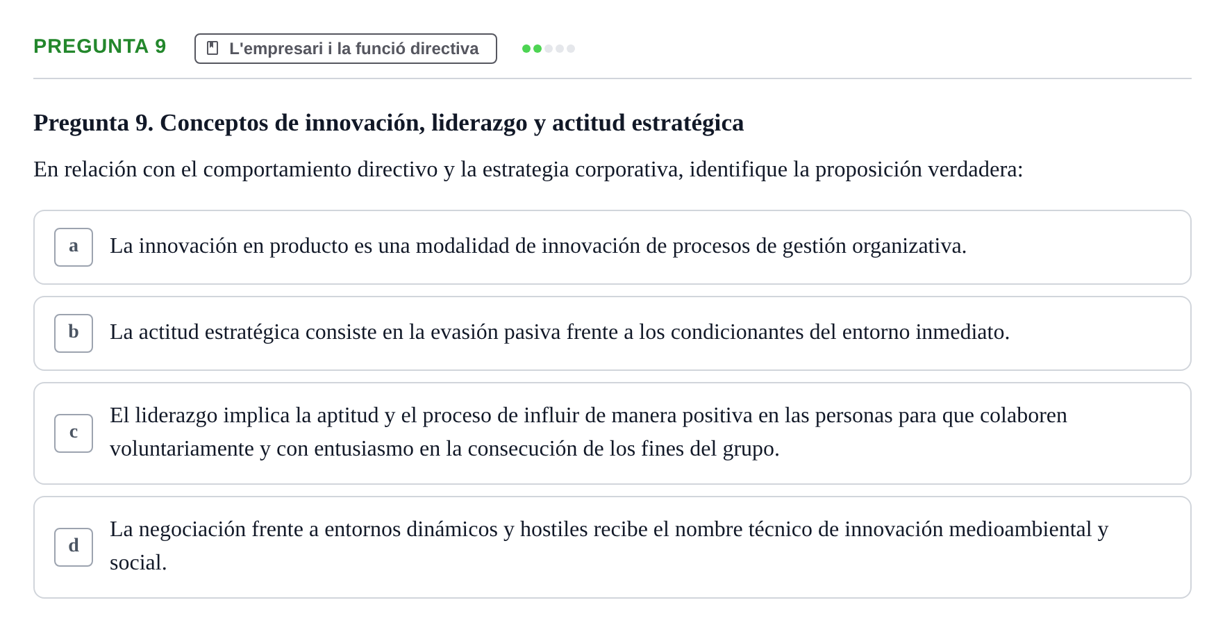 Enunciado: Pregunta 9 · Fundamentos de Gestión de Empresas UDL Examen Primer Parcial (Temas 1 al 6)