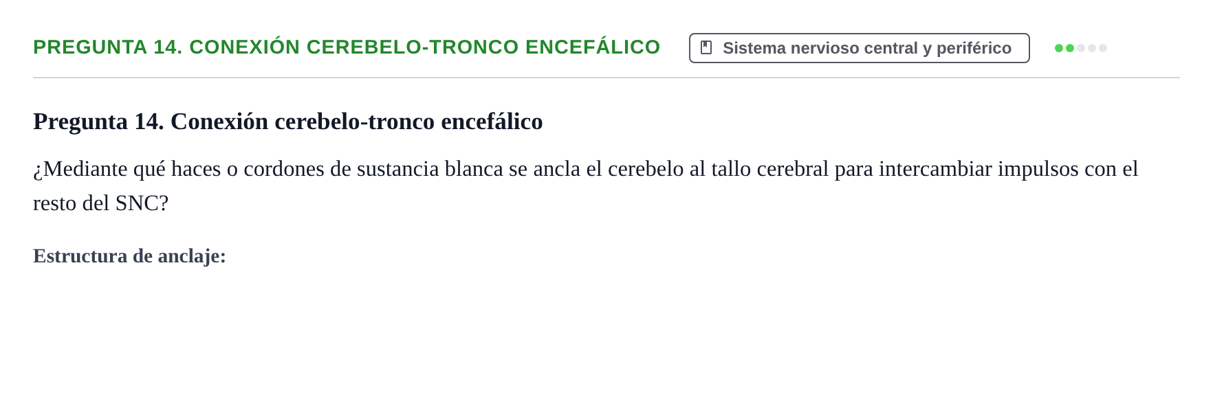 Enunciado: Pregunta 14. Conexión cerebelo-tronco encefálico · BASES BIOLÒGIQUES PER L'ATENCIO A LA PERSONA: ANATOMIA UDL Examen de recuperación. Anatomía (Primer Semestre)