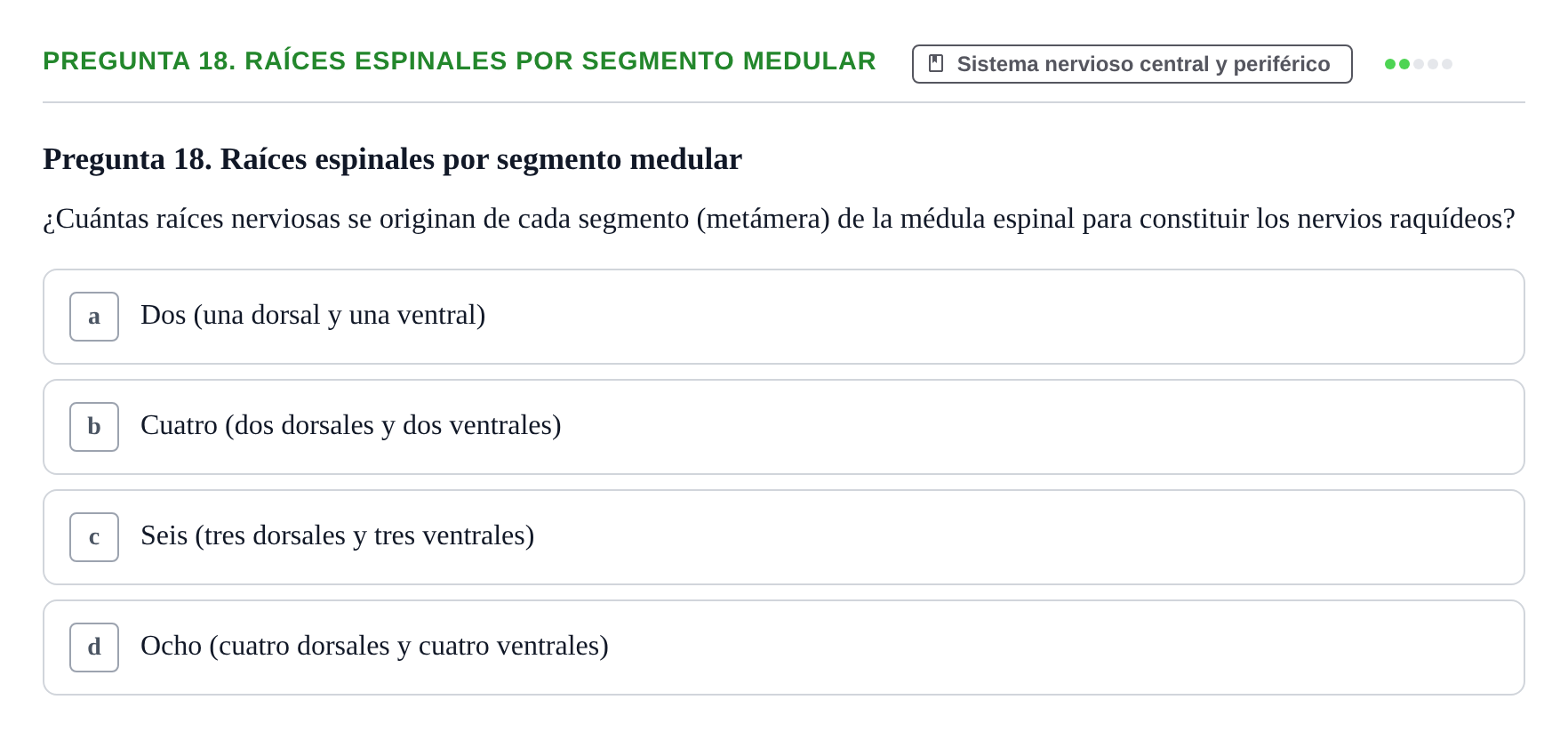 Enunciado: Pregunta 18. Raíces espinales por segmento medular · BASES BIOLÒGIQUES PER L'ATENCIO A LA PERSONA: ANATOMIA UDL Examen de recuperación. Anatomía (Primer Semestre)