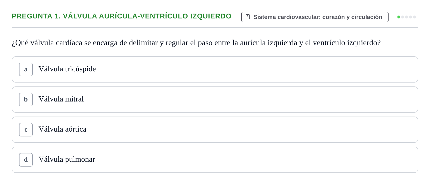 Enunciado: Pregunta 1. Válvula aurícula-ventrículo izquierdo · BASES BIOLÒGIQUES PER L'ATENCIO A LA PERSONA: ANATOMIA UDL Examen de recuperación. Anatomía (Primer Semestre)