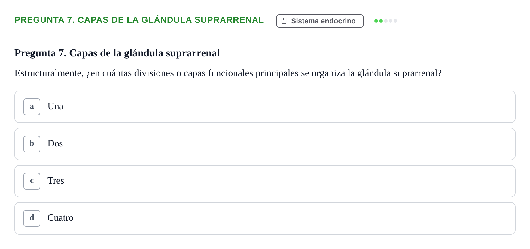 Enunciado: Pregunta 7. Capas de la glándula suprarrenal · BASES BIOLÒGIQUES PER L'ATENCIO A LA PERSONA: ANATOMIA UDL Examen de recuperación. Anatomía (Primer Semestre)