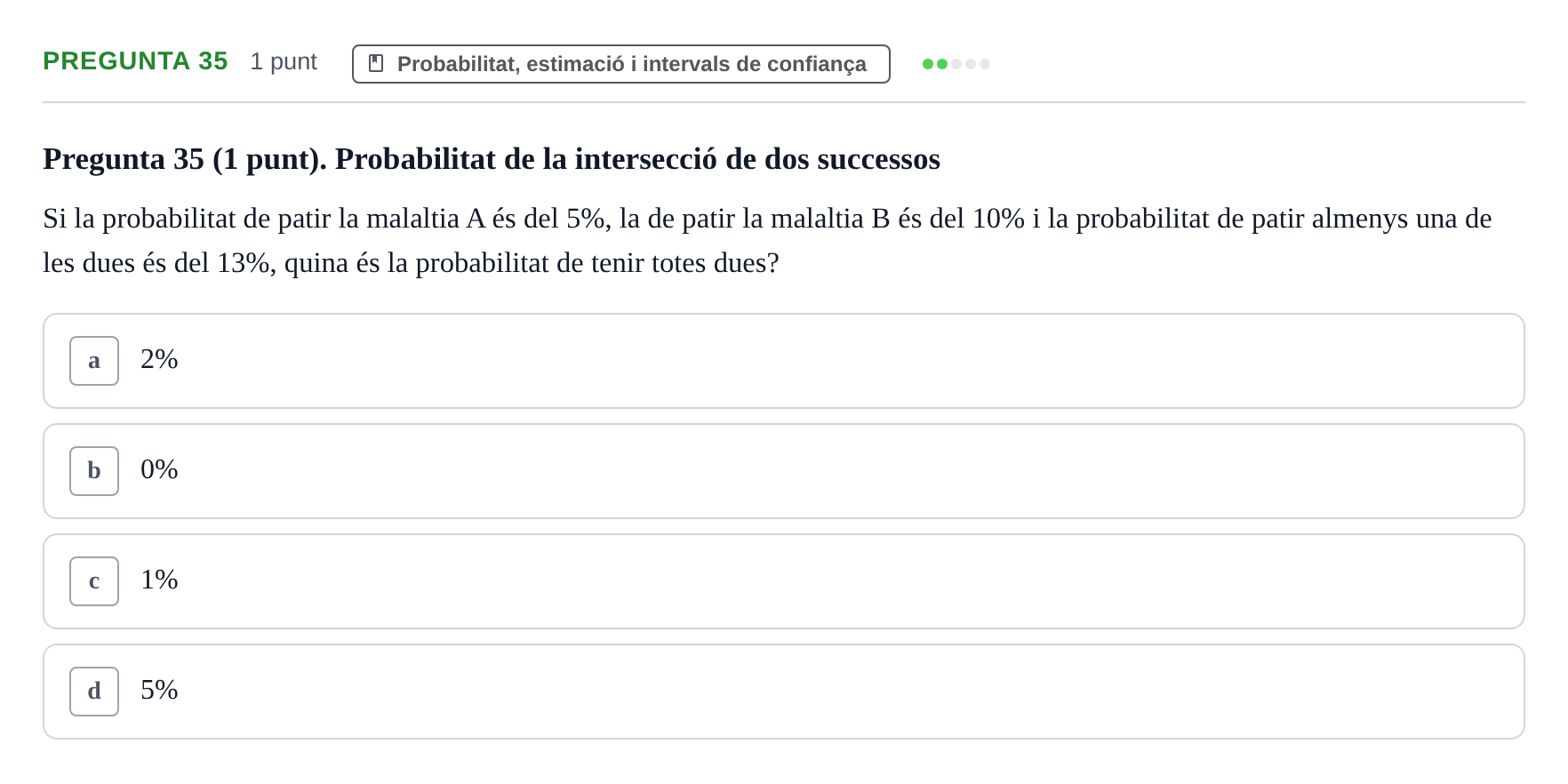Enunciado: Pregunta 35 · Habilitats d'Investigació Clínica i de Lectura Crítica UVIC Examen de Recuperació: Habilitats d'Investigació Clínica i de Lectura Crítica