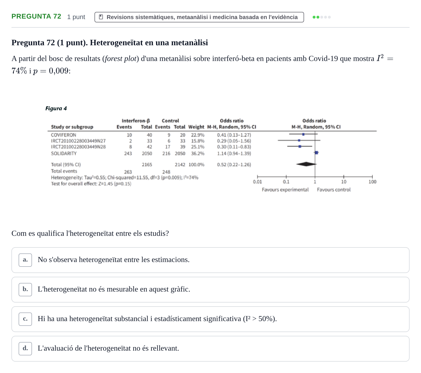 Enunciado: Pregunta 72 · Habilitats d'Investigació Clínica i de Lectura Crítica UVIC Examen de Recuperació: Habilitats d'Investigació Clínica i de Lectura Crítica