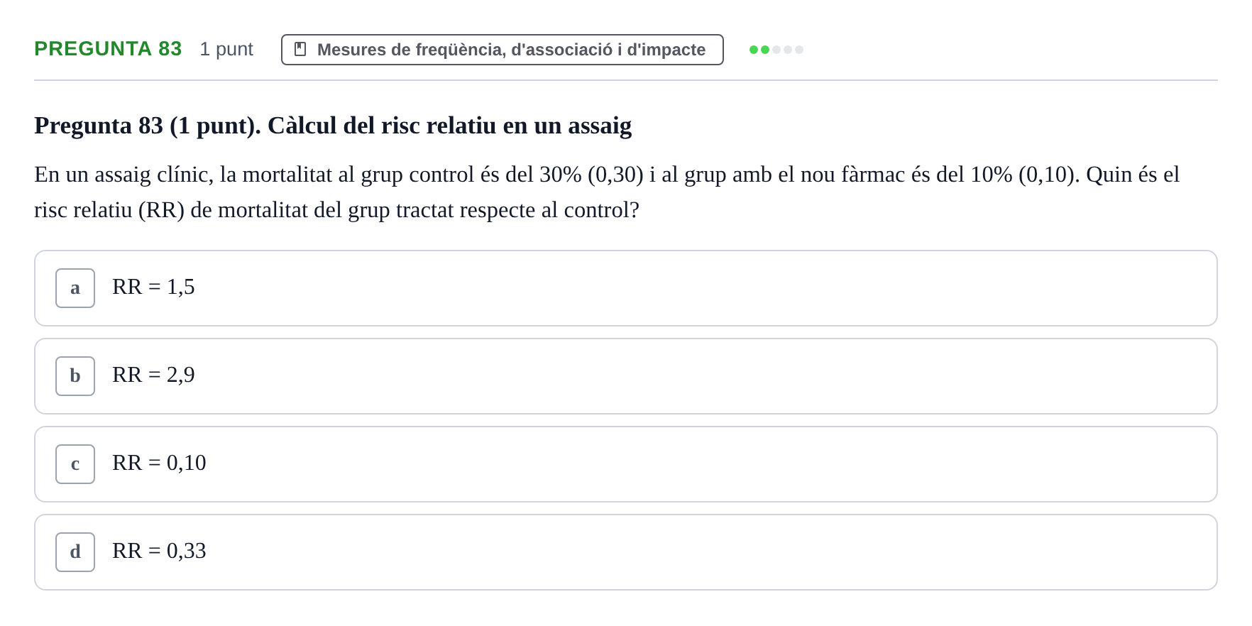 Enunciado: Pregunta 83 · Habilitats d'Investigació Clínica i de Lectura Crítica UVIC Examen de Recuperació: Habilitats d'Investigació Clínica i de Lectura Crítica