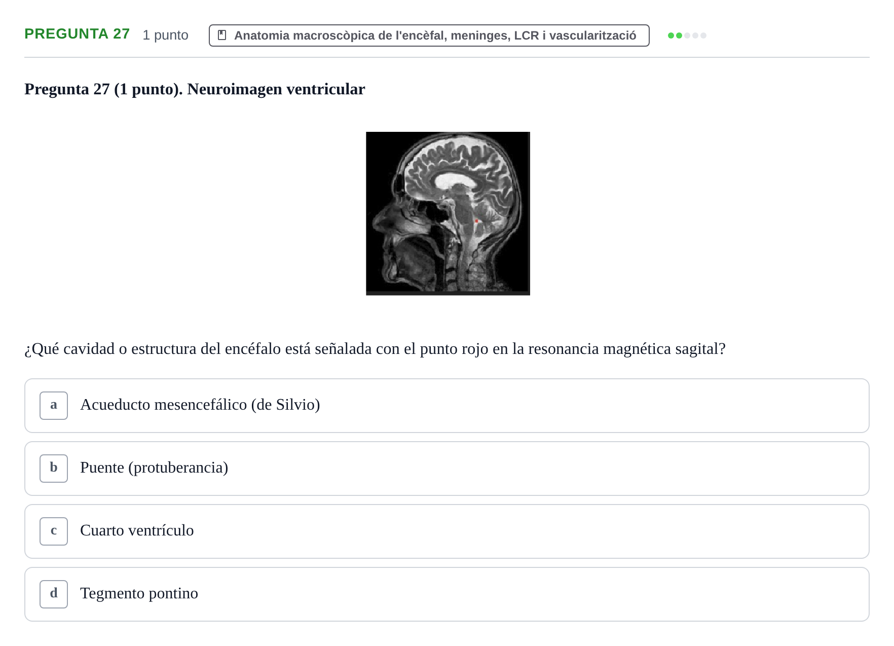 Enunciado: Pregunta 27 · Estructura i Funció del Cos Humà III UVIC Examen Parcial 1. Neuroanatomía y Fisiología del Sistema Nervioso