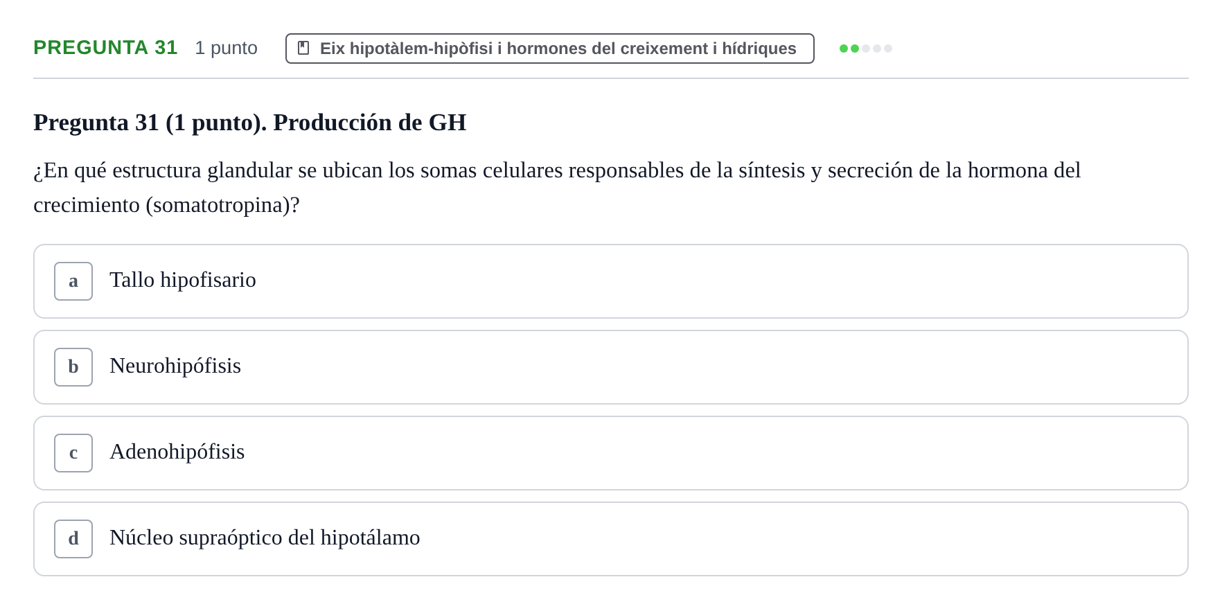 Enunciado: Pregunta 31 · Estructura i Funció del Cos Humà III UVIC Examen Parcial 1. Neuroanatomía y Fisiología del Sistema Nervioso