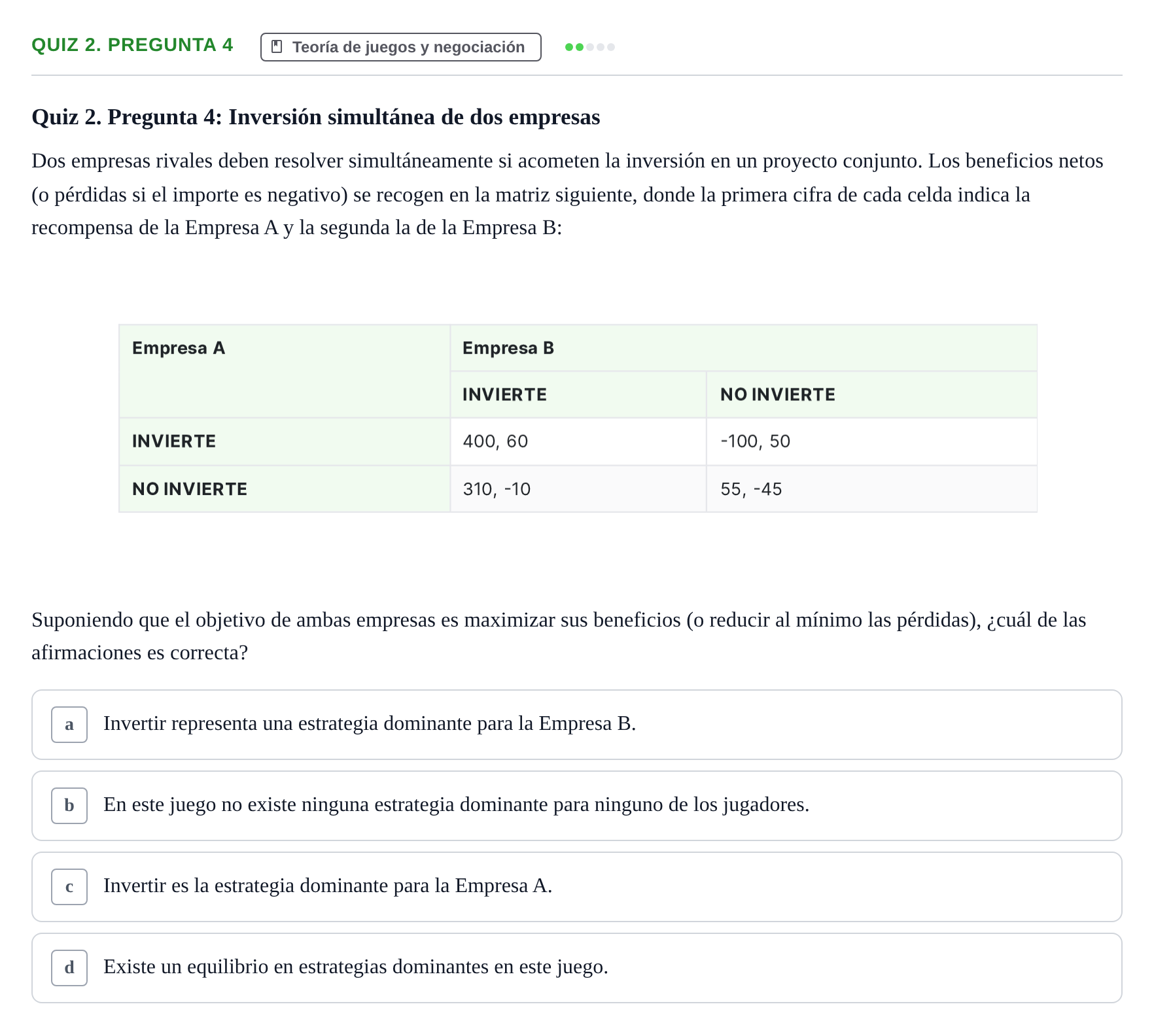 Enunciado: Ejercicio Quiz 2. Pregunta 4 · Introducció a la Microeconomia UPF 2000