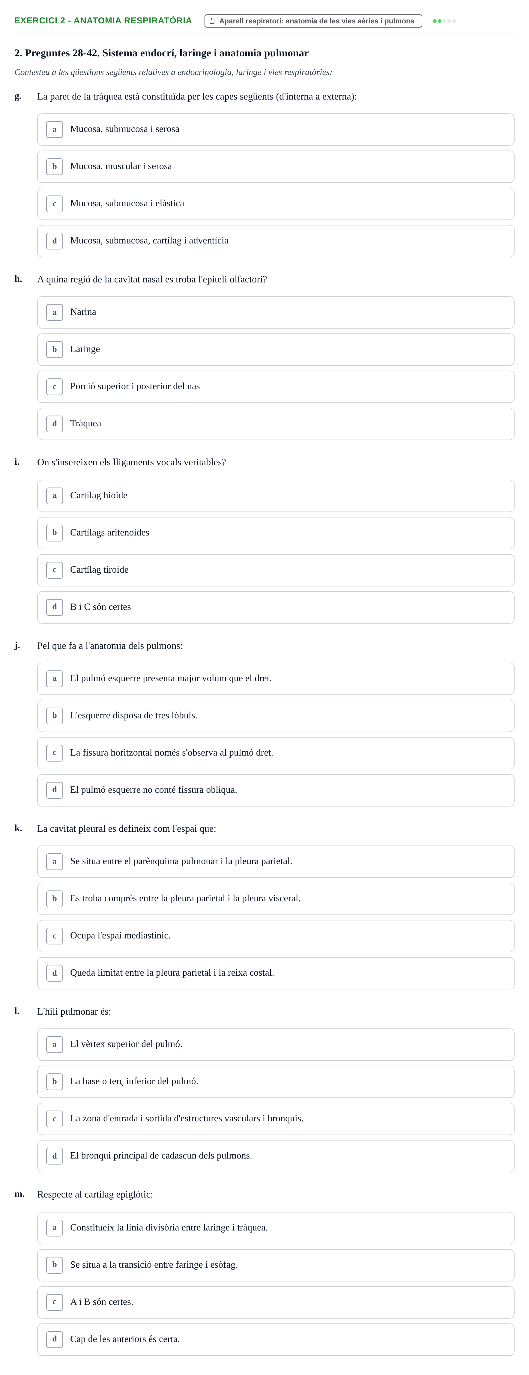 Enunciado: Ejercicio 2 - Anatomia respiratòria · Anatomofisiología 2 URL Examen tipus test d'Anatomofisiologia 2
