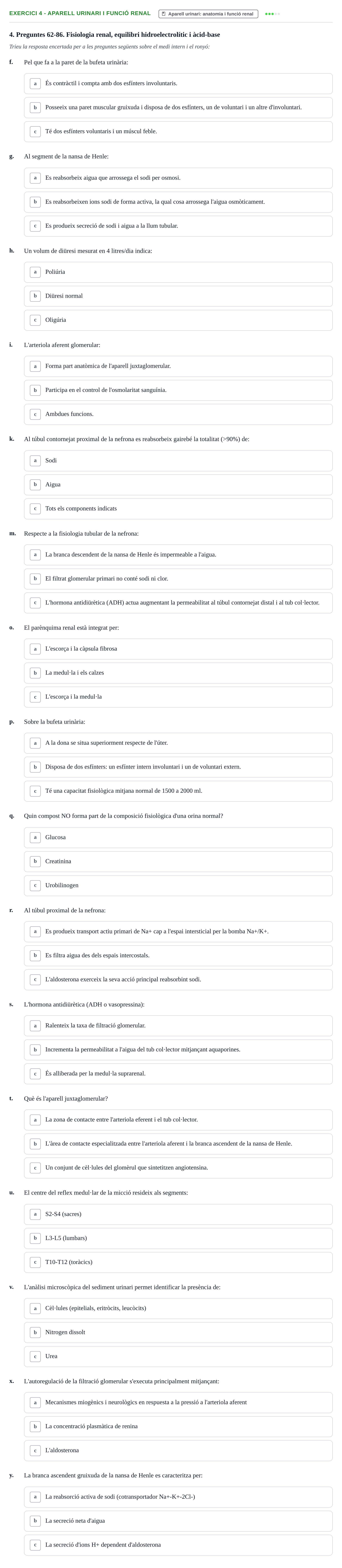 Enunciado: Ejercicio 4 - Aparell urinari i funció renal · Anatomofisiología 2 URL Examen tipus test d'Anatomofisiologia 2
