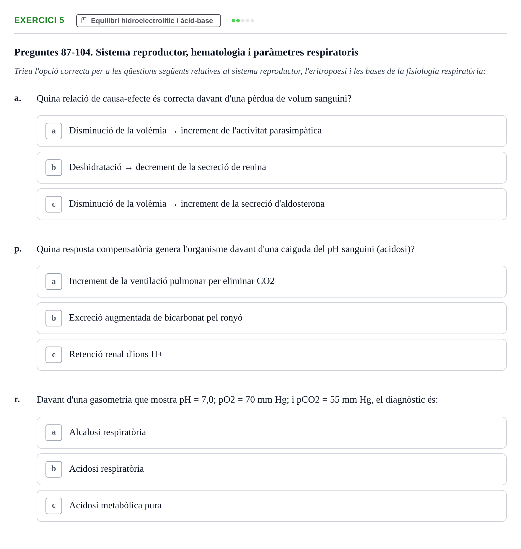 Enunciado: Ejercicio 5 - Equilibri hidroelectrolític i àcid-base · Anatomofisiología 2 URL Examen tipus test d'Anatomofisiologia 2