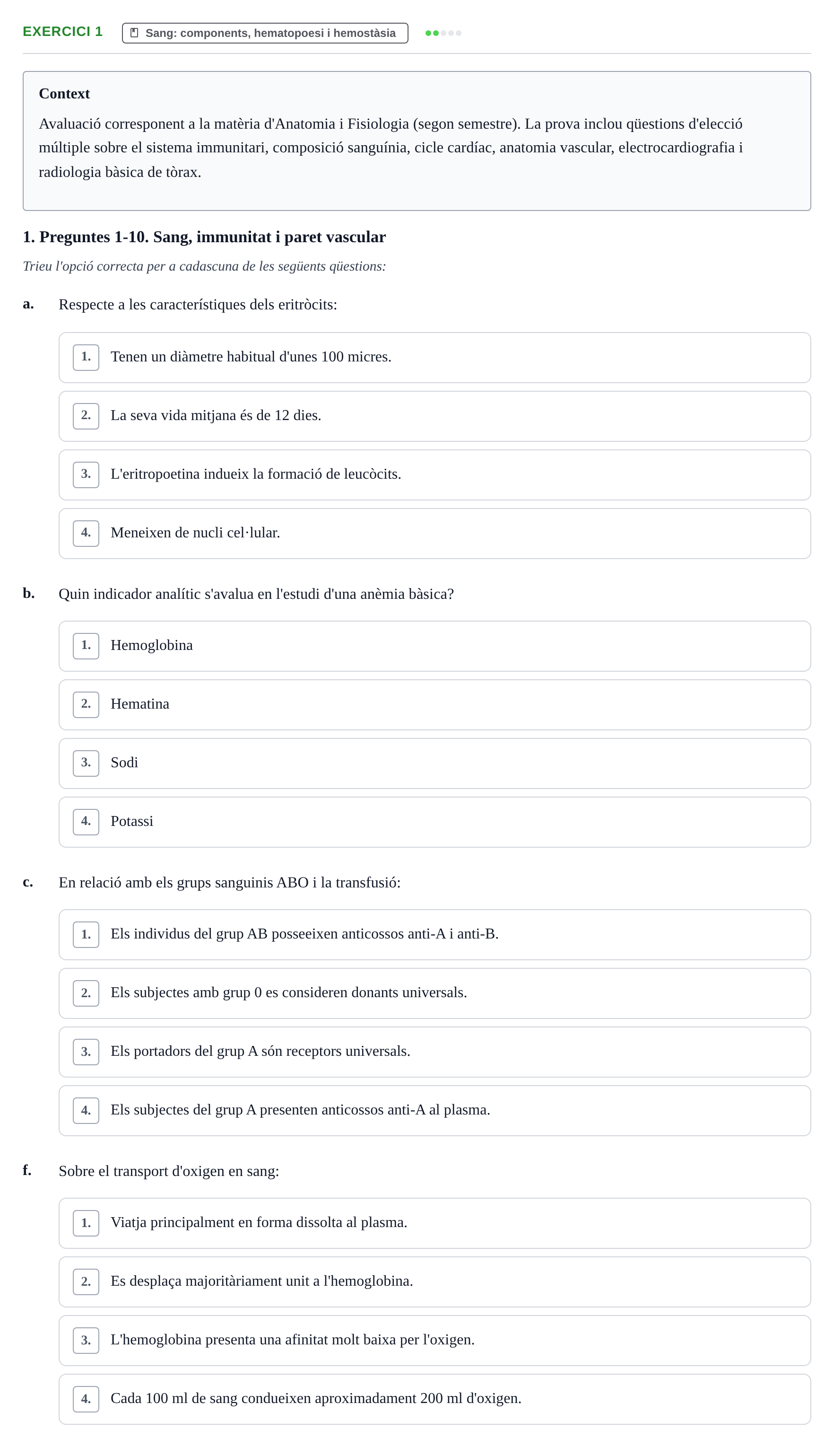 Enunciado: Ejercicio 1 - Sang: components, hematopoesi i hemostàsia · Anatomofisiología 2 URL Examen 2n Semestre: Sistema Cardiovascular i Immunitari
