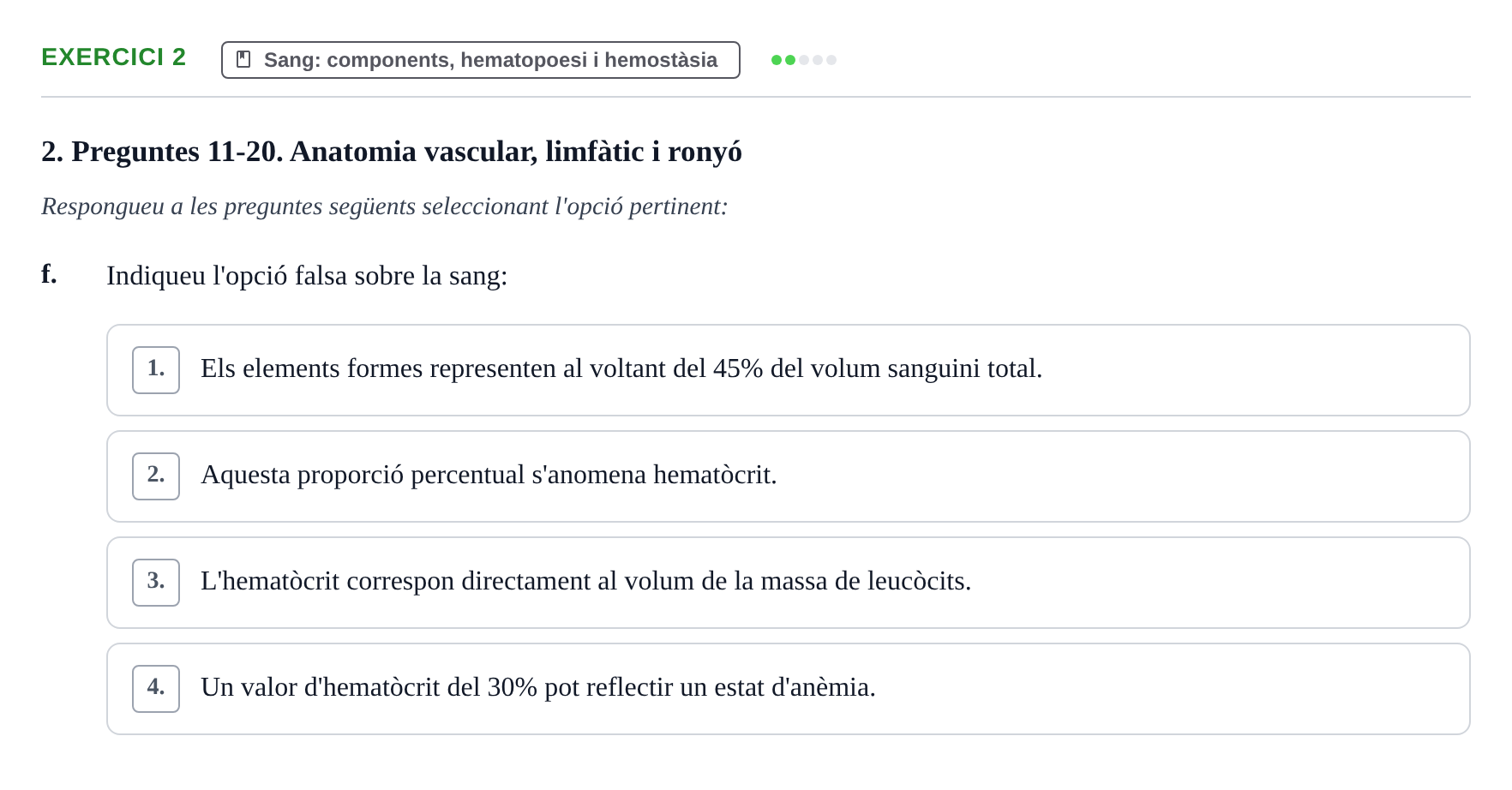 Enunciado: Ejercicio 2 - Sang: components, hematopoesi i hemostàsia · Anatomofisiología 2 URL Examen 2n Semestre: Sistema Cardiovascular i Immunitari